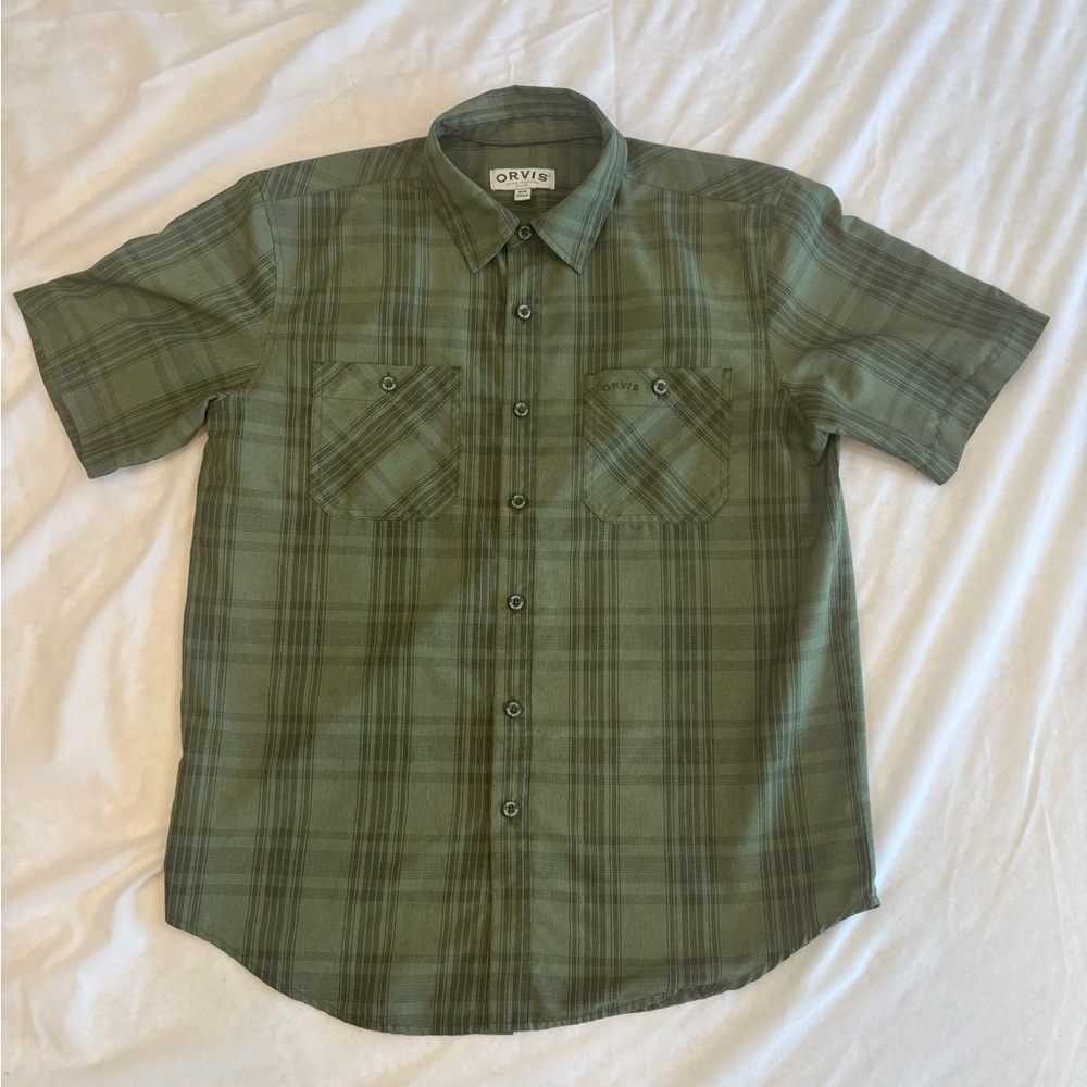 ORVIS Mens Medium Olive Green Plaid Short Sleeve Tech Shirt Fishing Hike EUC